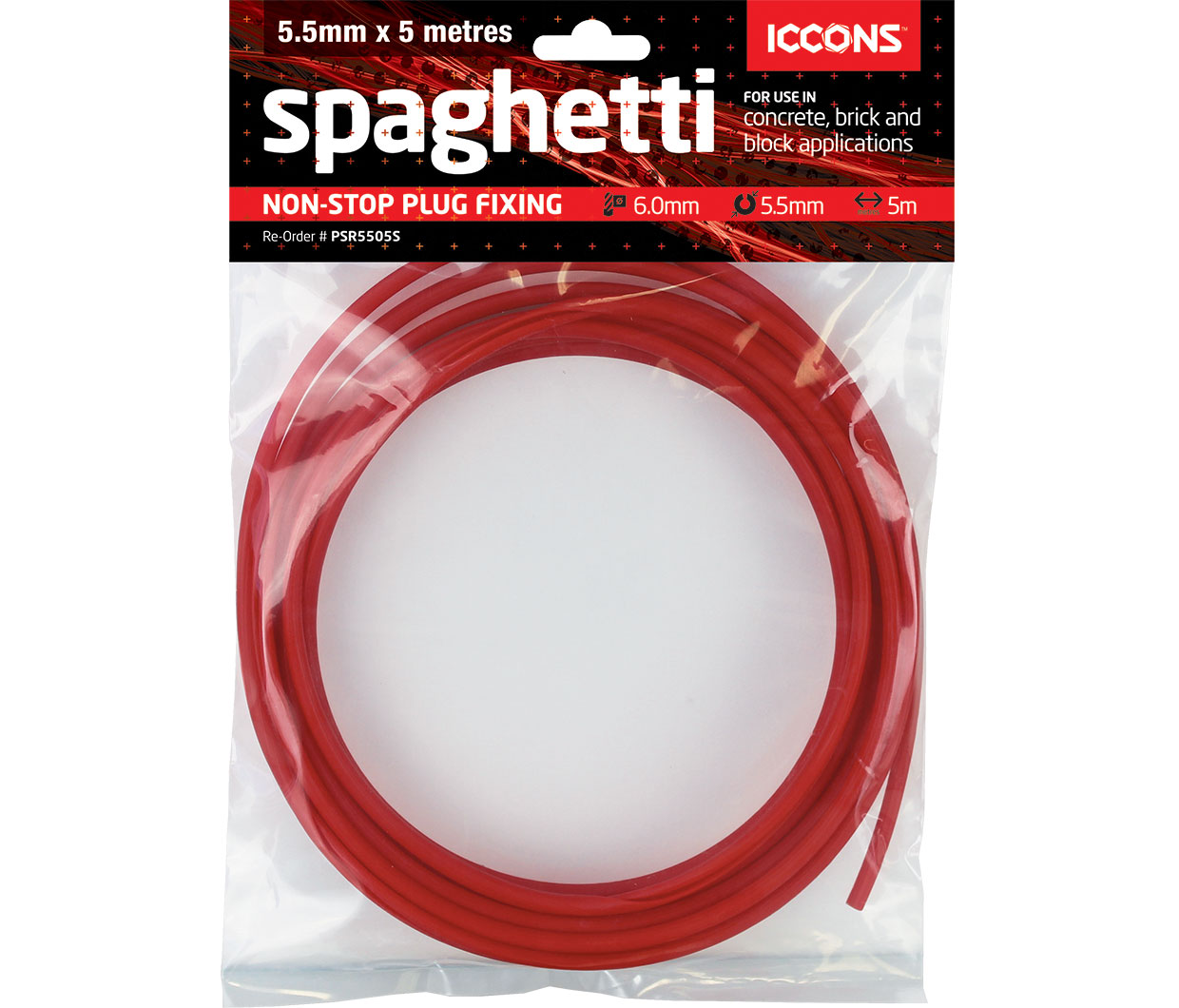 SPAGHETTI PLUG ROUND RED 5 METRE ROLL 